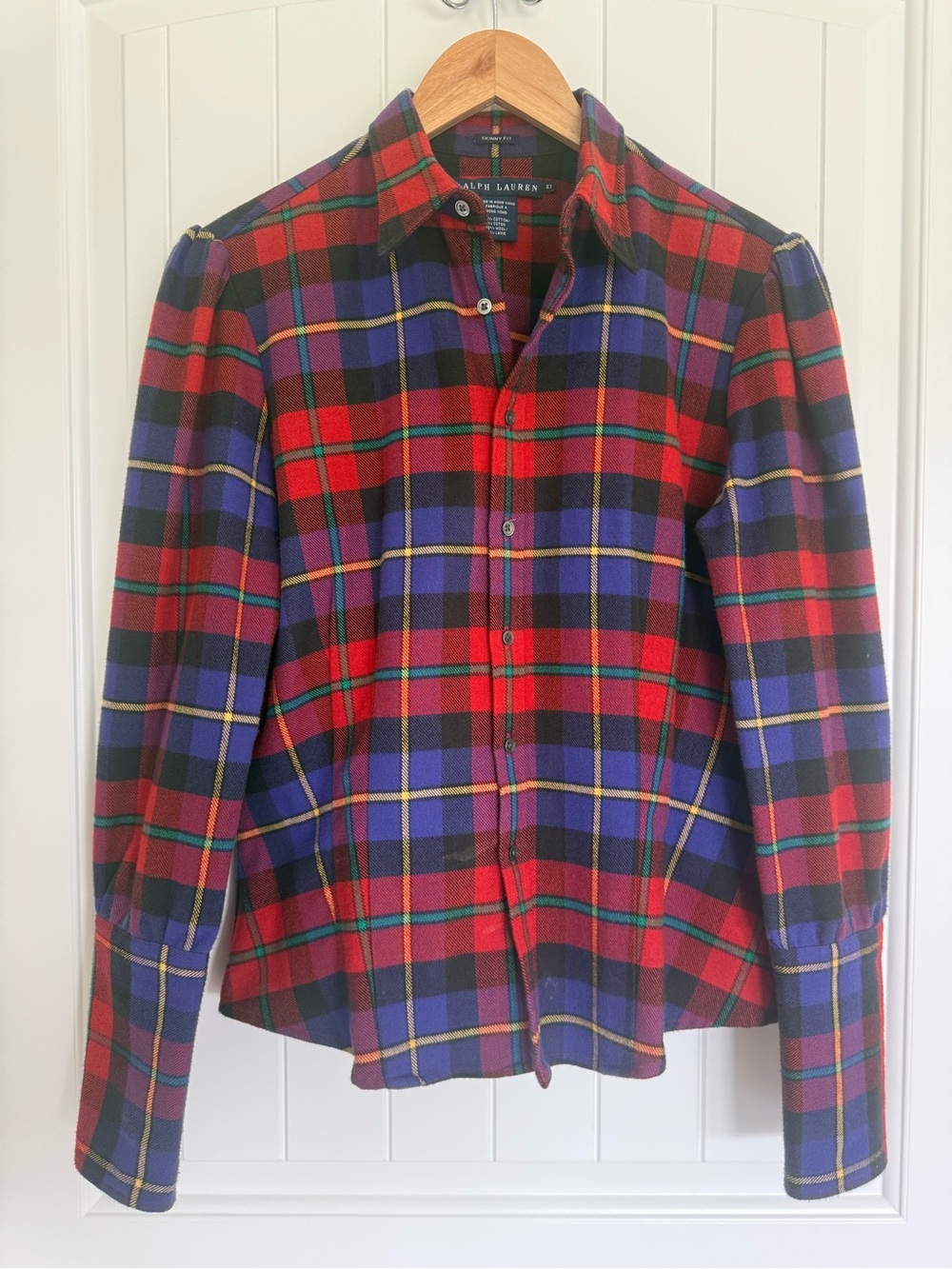 Ralph Lauren Skinny Fit Plaid Blouse Puff Sleeve Button Down Holiday Tartan 10